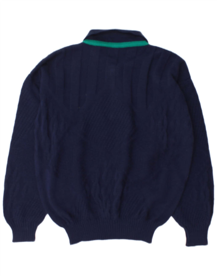 Maglione vintage da uomo con collo a polo, grande, in lana blu navy
