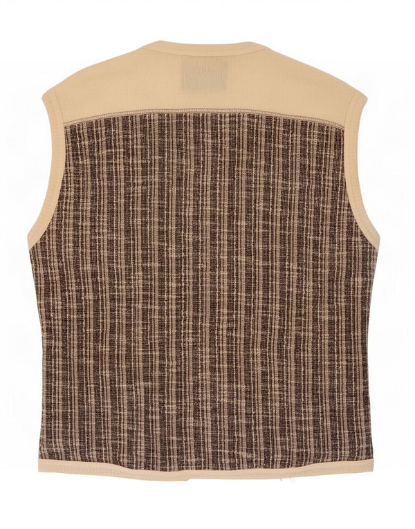 Vintage Womens Knit Waistcoat UK 14 Large Brown Striped Cotton