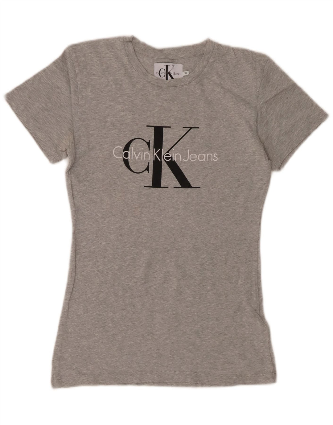 CALVIN KLEIN JEANS T-shirt grafica da donna Top UK 6 XS Cotone chiazzato grigio
