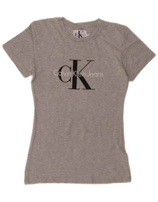 CALVIN KLEIN JEANS T-shirt grafica da donna Top UK 6 XS Cotone chiazzato grigio
