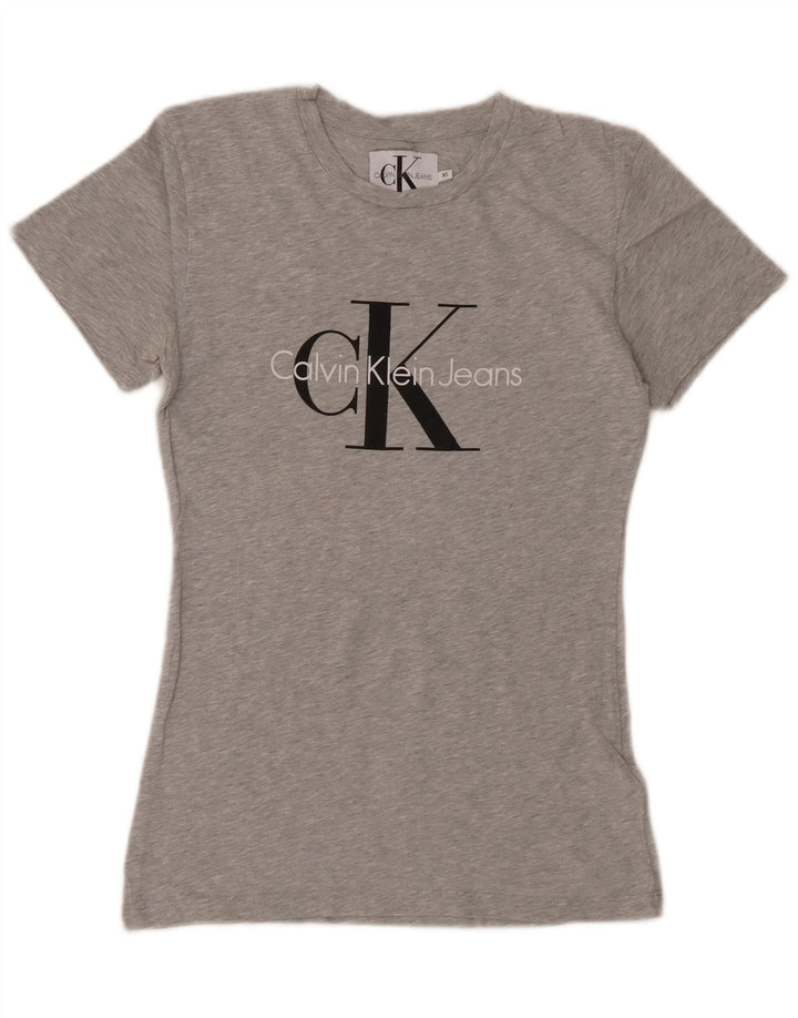 CALVIN KLEIN JEANS T-shirt grafica da donna Top UK 6 XS Cotone chiazzato grigio