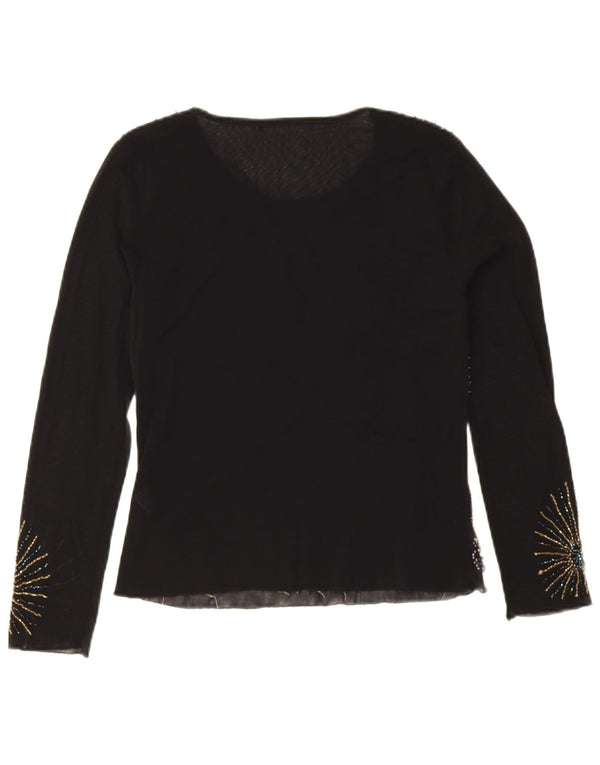 Top da donna vintage a maniche lunghe UK 10 piccolo viscosa floreale nera