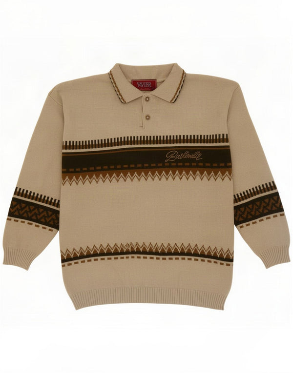 Xavier Mens Polo Neck Jumper Sweater Medium Beige Geometric