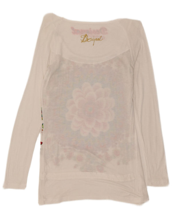 Desigual Donna Graphic Top Manica Lunga UK 12 Medio Bianco Floreale