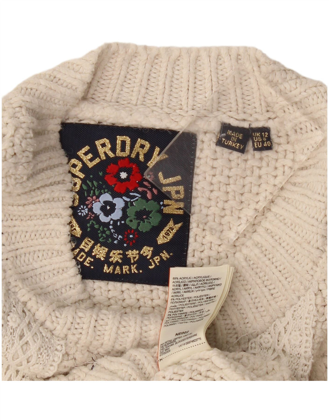 Maglione maglione girocollo oversize da donna Superdry UK 12 medio bianco sporco