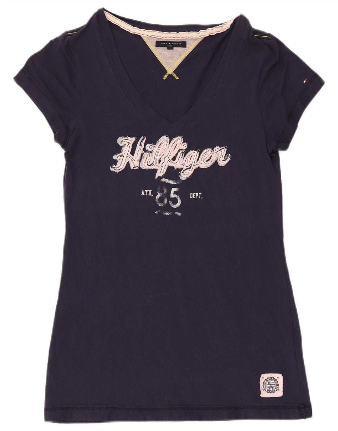 TOMMY HILFIGER T-shirt grafica da donna Top UK 12 cotone blu navy medio