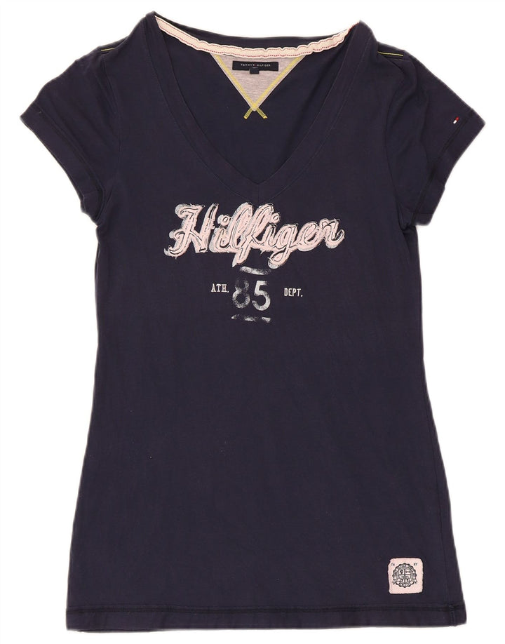 TOMMY HILFIGER T-shirt grafica da donna Top UK 12 cotone blu navy medio