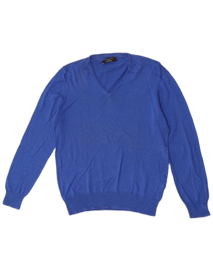 Maglione Zara da uomo con scollo a V in cotone blu medio