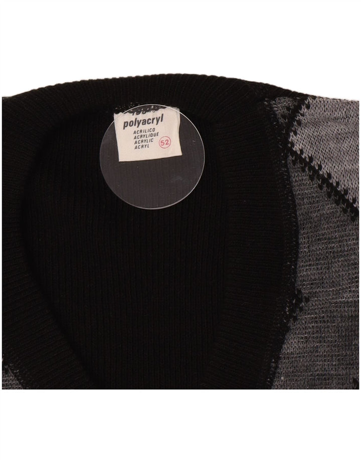 Maglione vintage da uomo con scollo a V IT 52 Grande poliacrilico nero Chevron