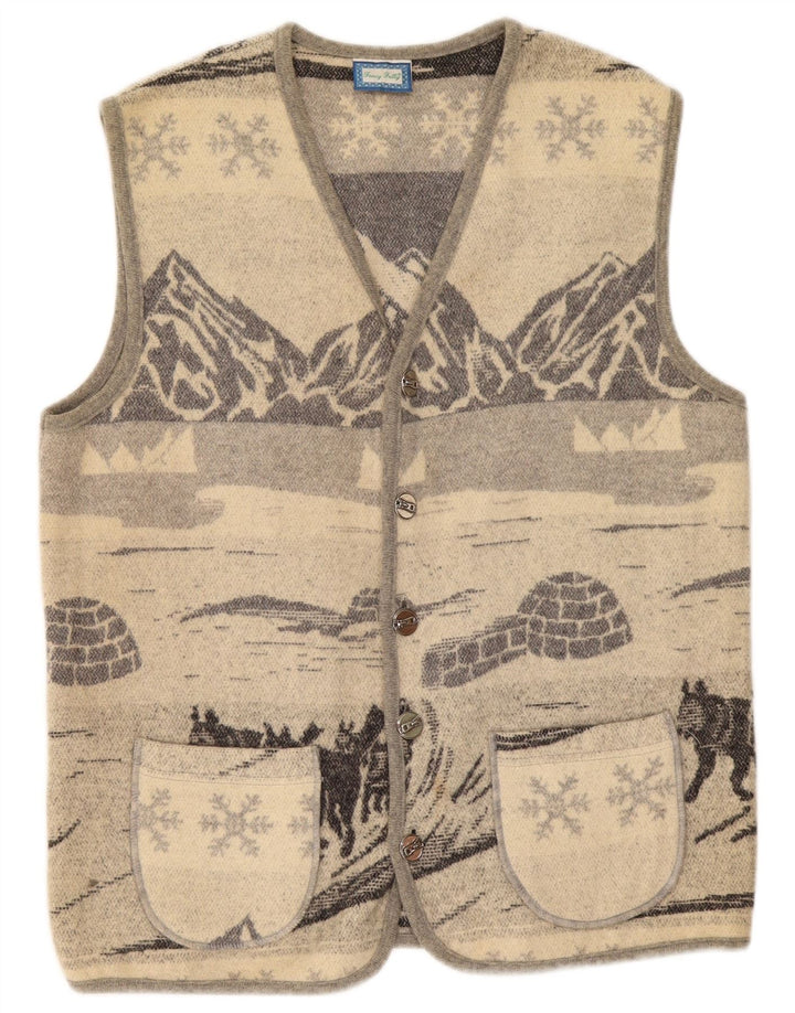 Maglione cardigan senza maniche con grafica vintage da uomo in lana grigio medio