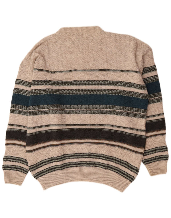 Maglione maglione girocollo da uomo islandese, lana a righe beige grande