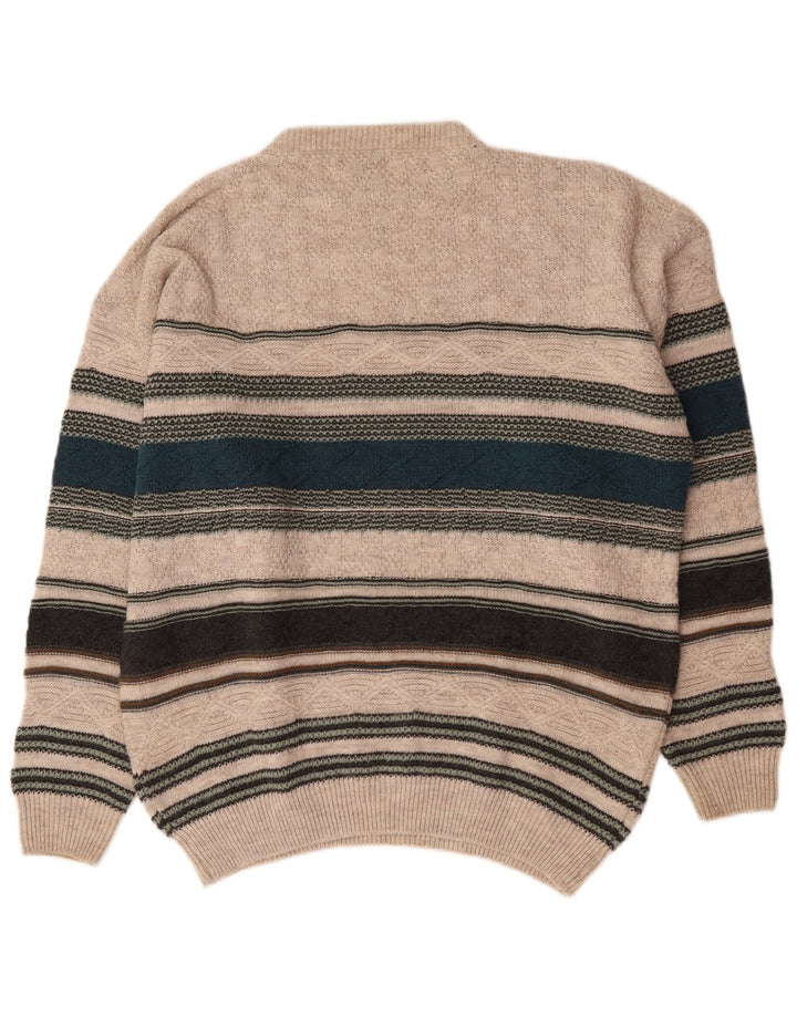 Maglione maglione girocollo da uomo islandese, lana a righe beige grande