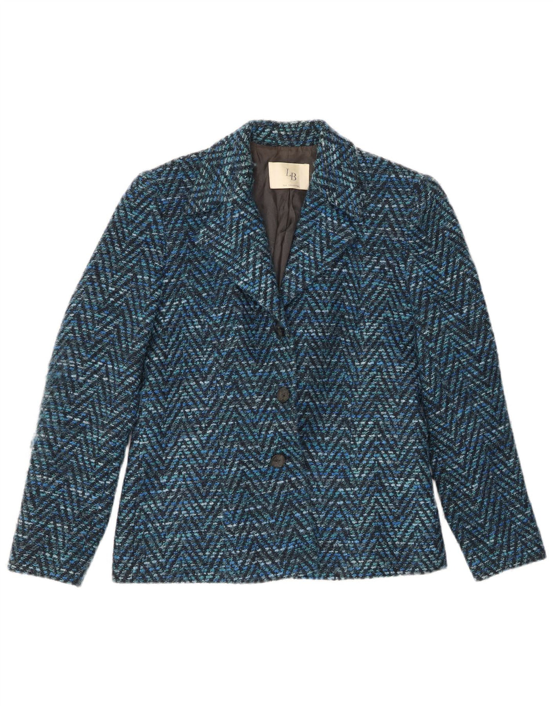 Giacca blazer da donna a 3 bottoni VINTAGE UK 14 lana Chevron blu medio