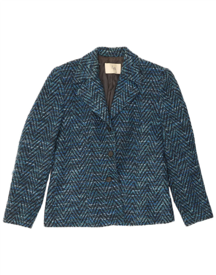 Giacca blazer da donna a 3 bottoni VINTAGE UK 14 lana Chevron blu medio