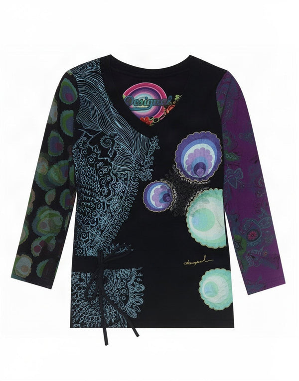 Desigual Donna Top Manica Lunga UK 12 Medio Nero Floreale Cotone