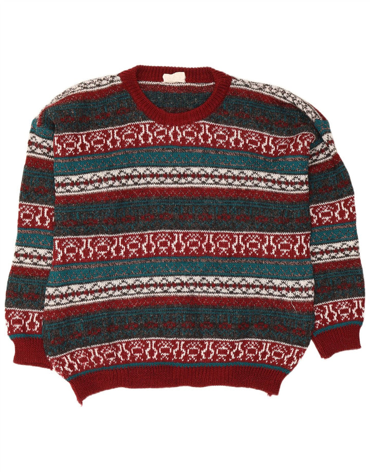 Maglione vintage da uomo con scollo a barca, grande lana Fair Isle multicolore