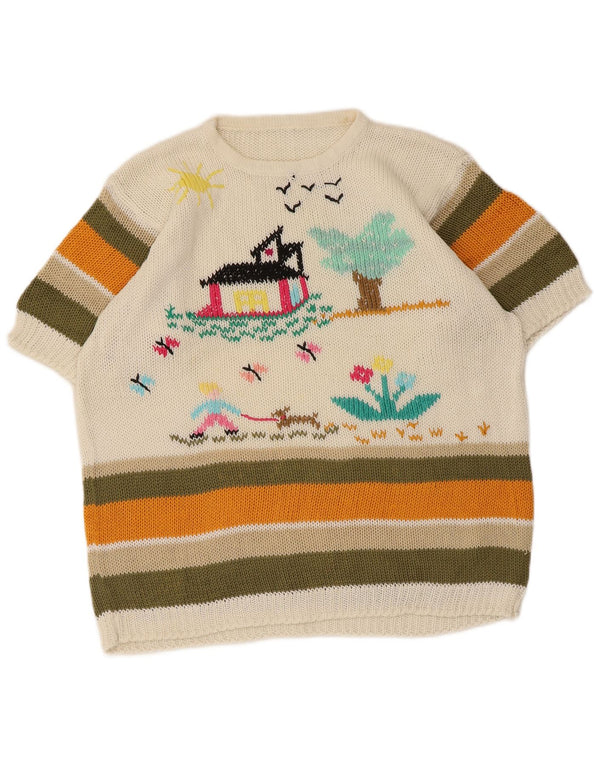 Maglione vintage da donna con scollo a barca con grafica UK 14 a righe bianche medie