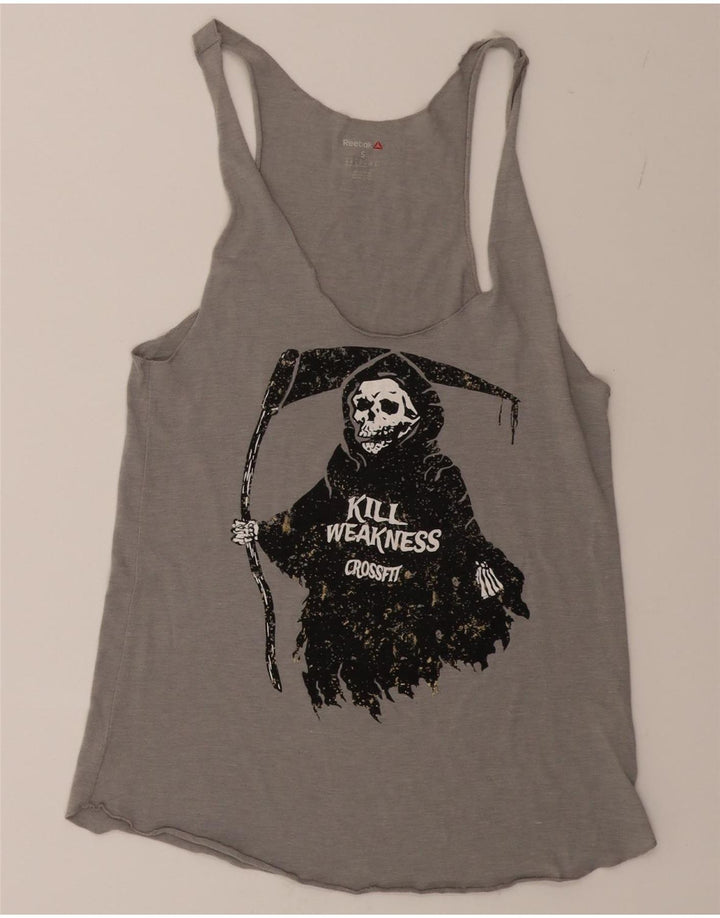 REEBOK Womens Graphic Vest Top UK 8/10 Small Grey Vintage Reebok and Second-Hand Reebok from Messina Hembry 