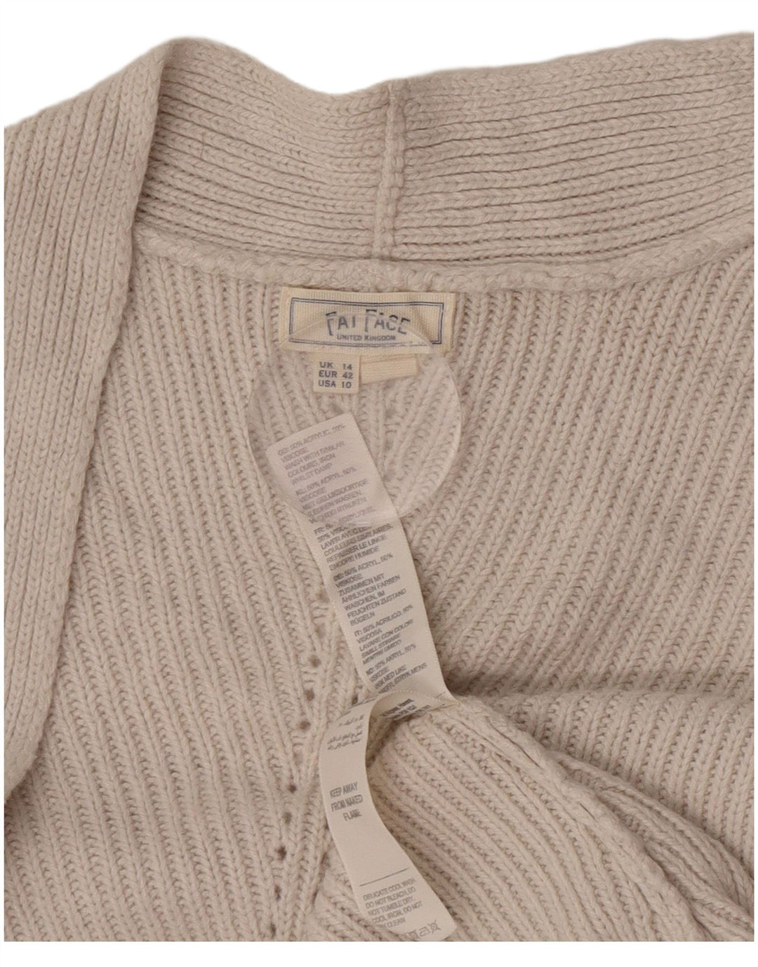 Maglione cardigan aperto da donna Fat Face UK 14 grande acrilico bianco sporco