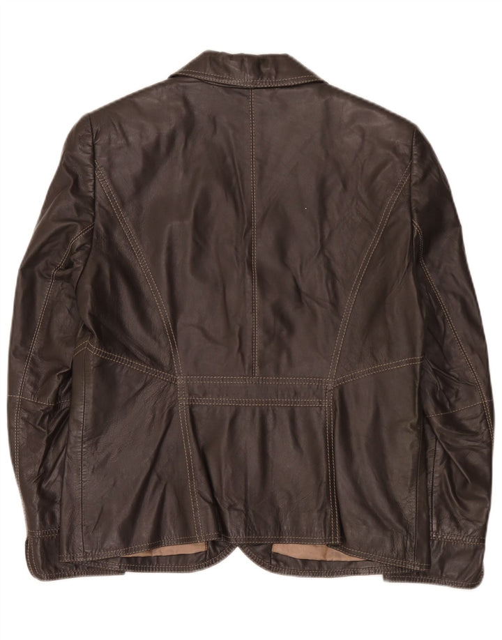 Giacca blazer in pelle vintage da donna a 3 bottoni UK 14 Marrone medio