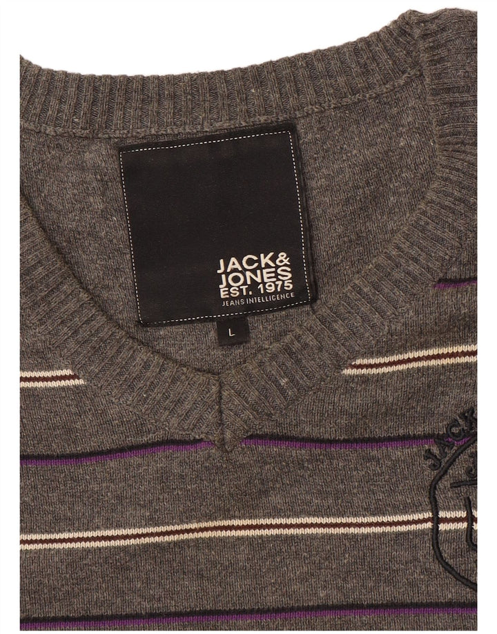 Jack & Jones Maglione da uomo con scollo a V grafico a righe grandi grigie