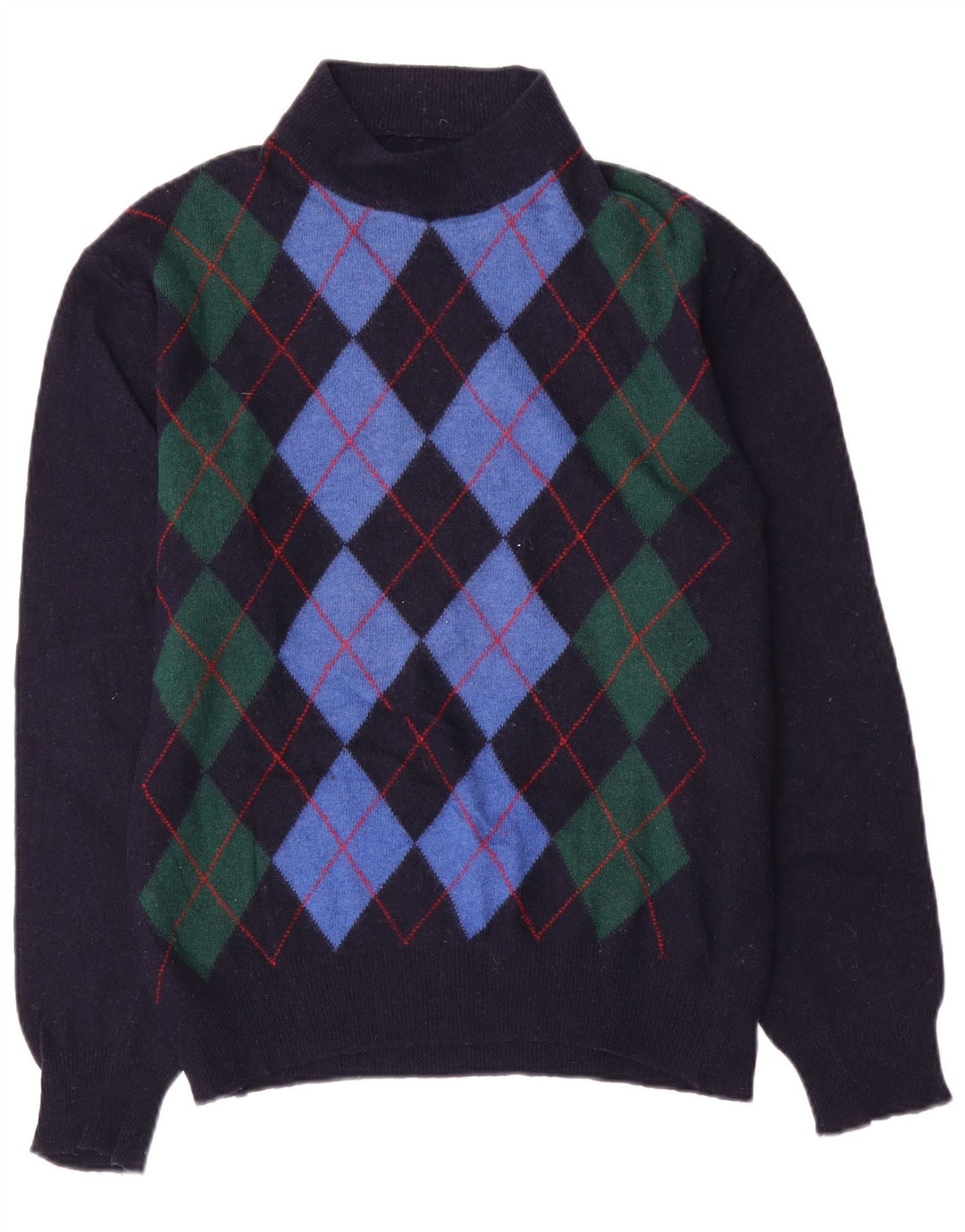 Maglione vintage da uomo con collo alto e maglione medio blu navy a rombi/diamante