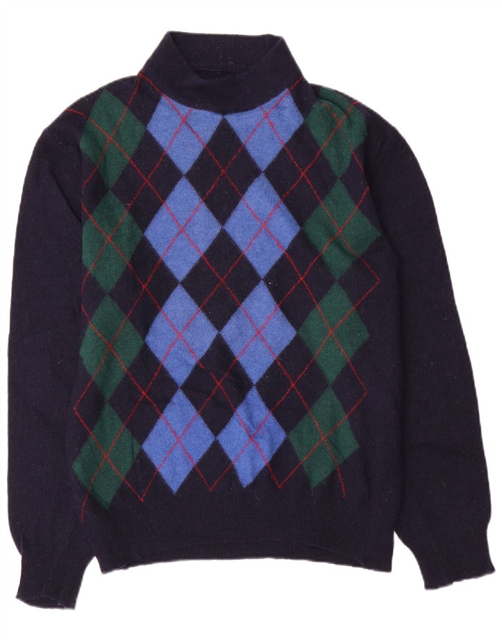 Maglione vintage da uomo con collo alto e maglione medio blu navy a rombi/diamante