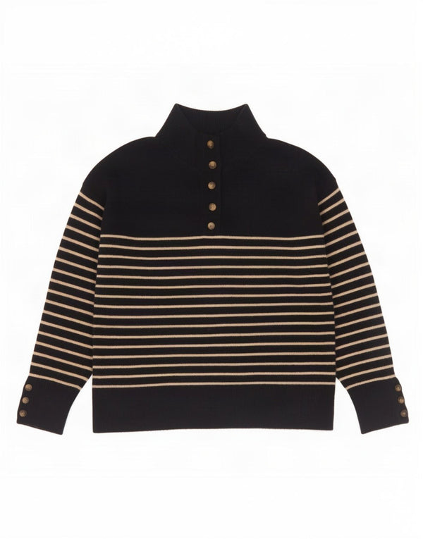 Zara Womens Button Neck Jumper Sweater UK 14 Medium Navy Blue Striped
