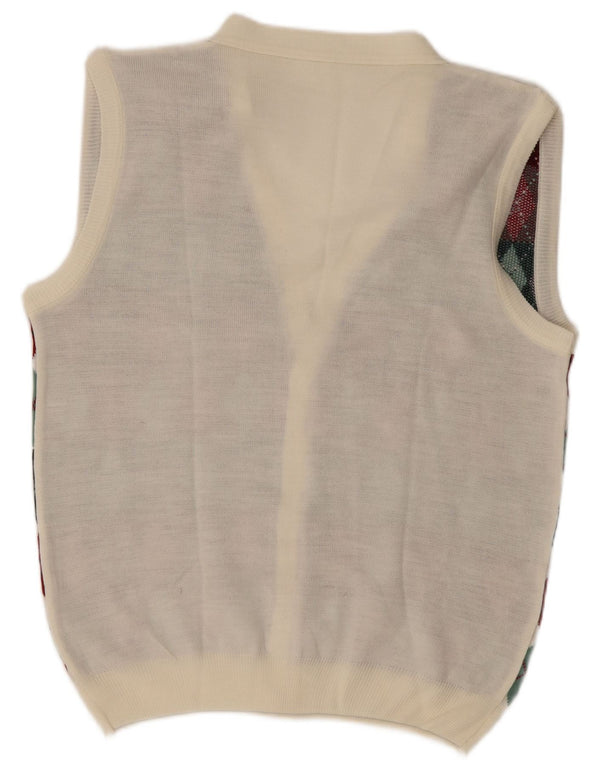 Maglione cardigan senza maniche vintage da uomo grande bianco a rombi/diamante