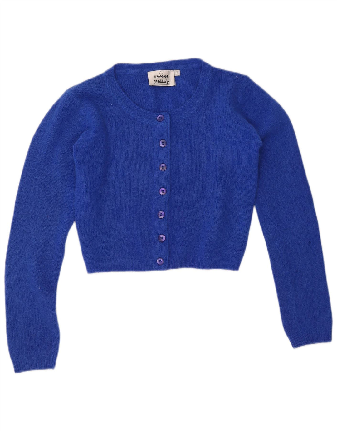 Maglione cardigan corto da donna VINTAGE UK 10 piccolo lana blu