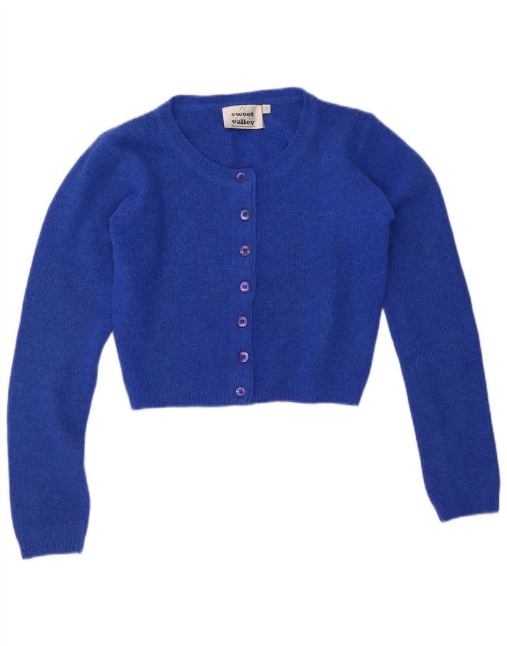 Maglione cardigan corto da donna VINTAGE UK 10 piccolo lana blu