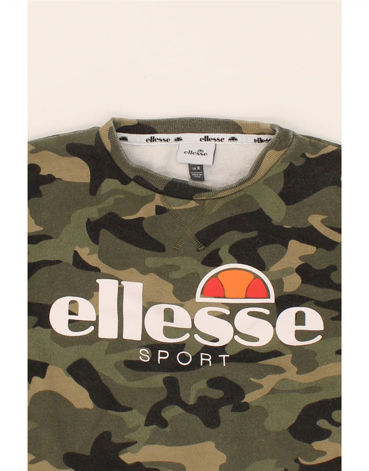 ELLESSE Womens Graphic Sweatshirt Jumper UK 8 Small Green Camouflage Vintage Ellesse and Second-Hand Ellesse from Messina Hembry 