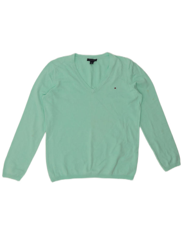 TOMMY HILFIGER Maglione da donna con scollo a V UK 14 Grande cotone turchese