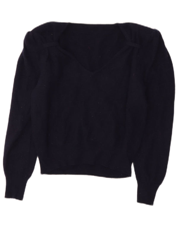 Maglione vintage da donna con scollo a V corto IT 44 lana blu navy medio