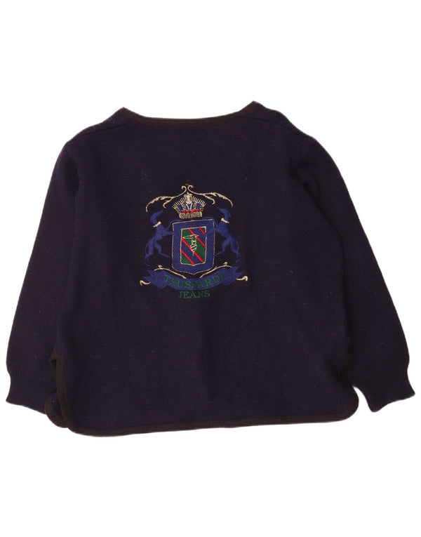 Maglione cardigan grafico da donna Trussardi Jeans UK 16 Large Blu Navy