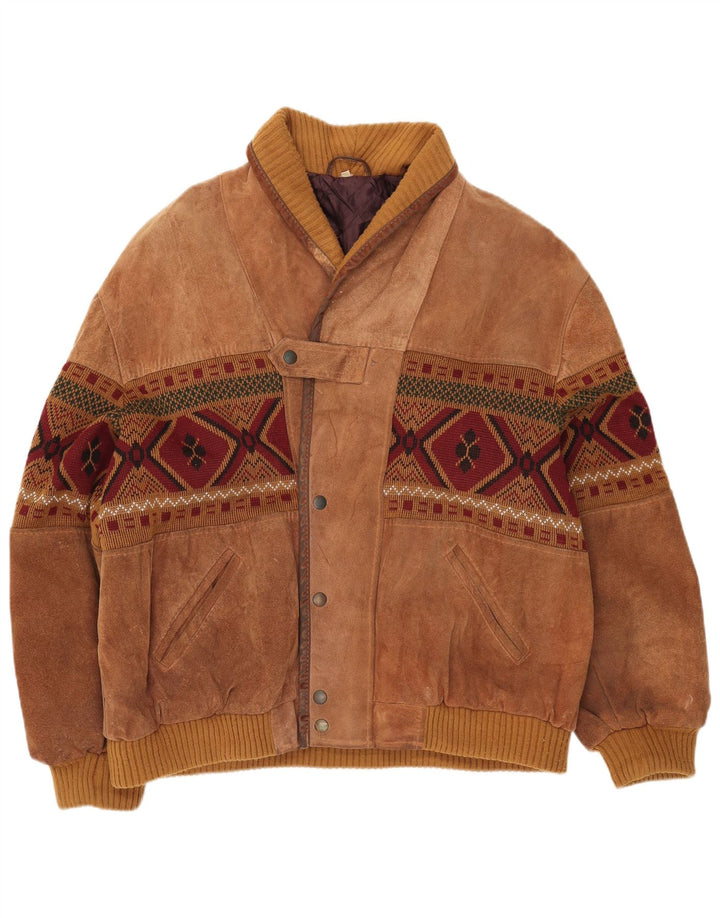 Giubbotto bomber vintage in pelle scamosciata da uomo UK 42 XL Marrone geometrico