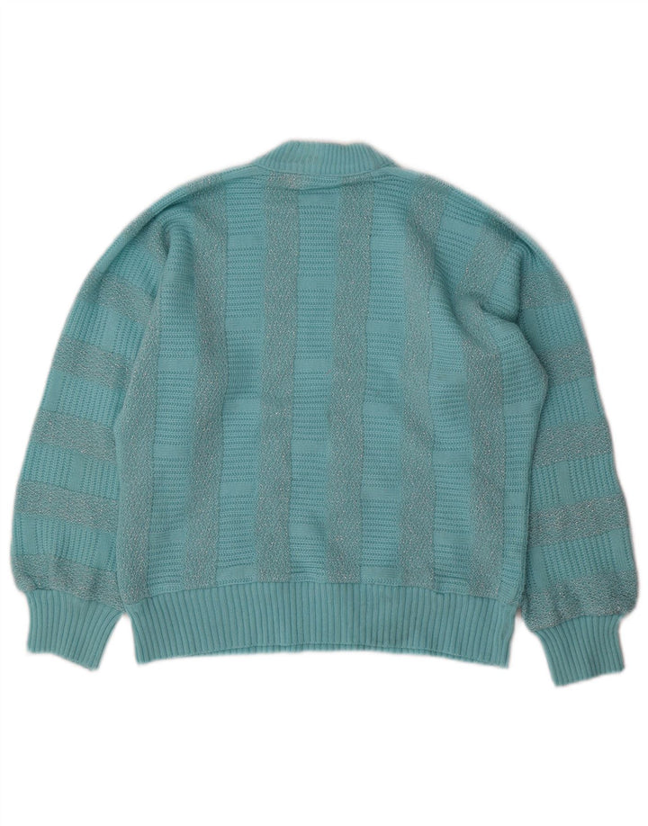 Maglione maglione collo alto da donna VINTAGE UK 14 a righe blu medio