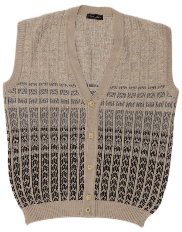 Vintage Mens Sleeveless Cardigan Sweater Medium Grey Geometric Polyacrylic
