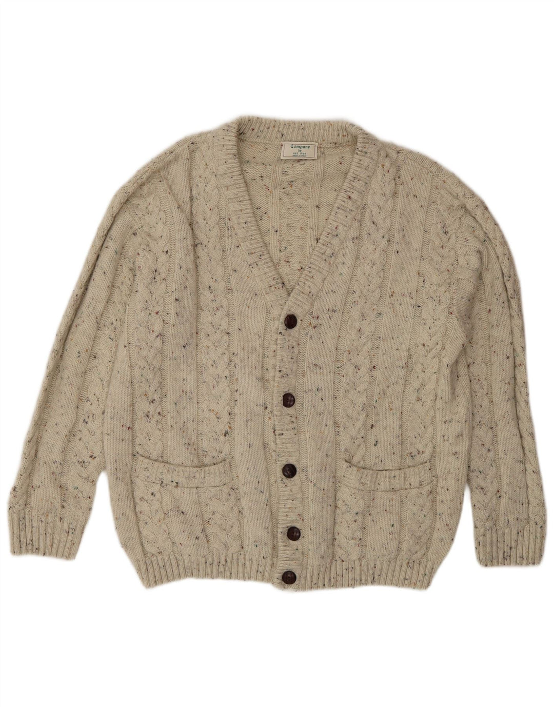 Maglione cardigan da uomo vintage in lana screziata beige grande
