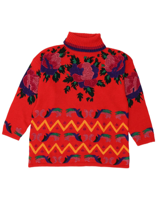 Maglione maglione vintage da donna con collo alto UK 18 XL rosso floreale in poliacrilico