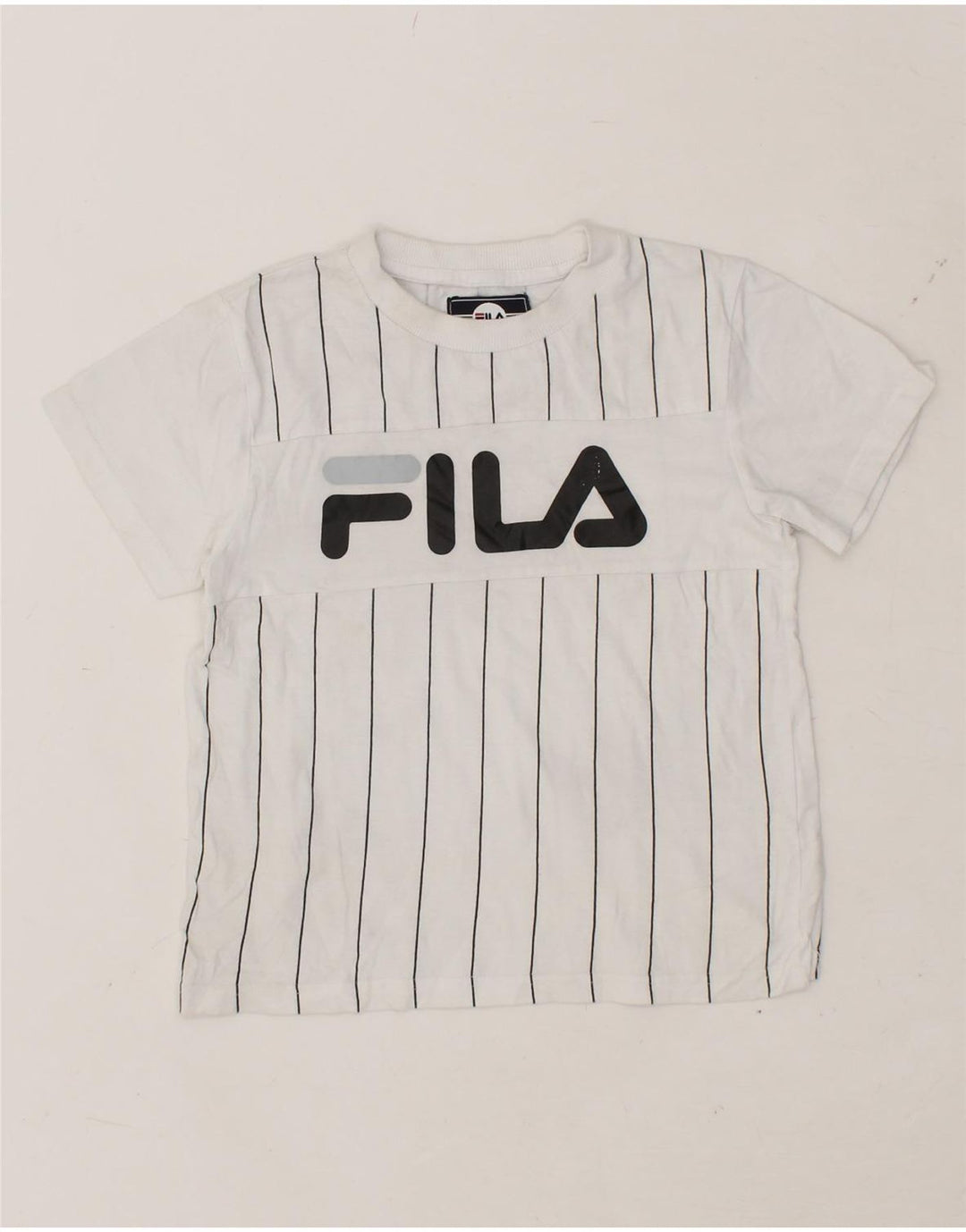FILA Boys Graphic T-Shirt Top 5-6 Years White Striped Vintage Fila and Second-Hand Fila from Messina Hembry 