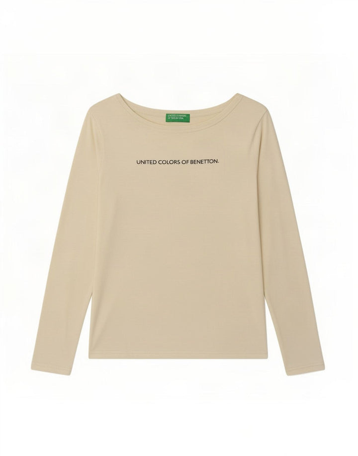 Benetton Top grafico da donna a maniche lunghe UK 8 Small Beige