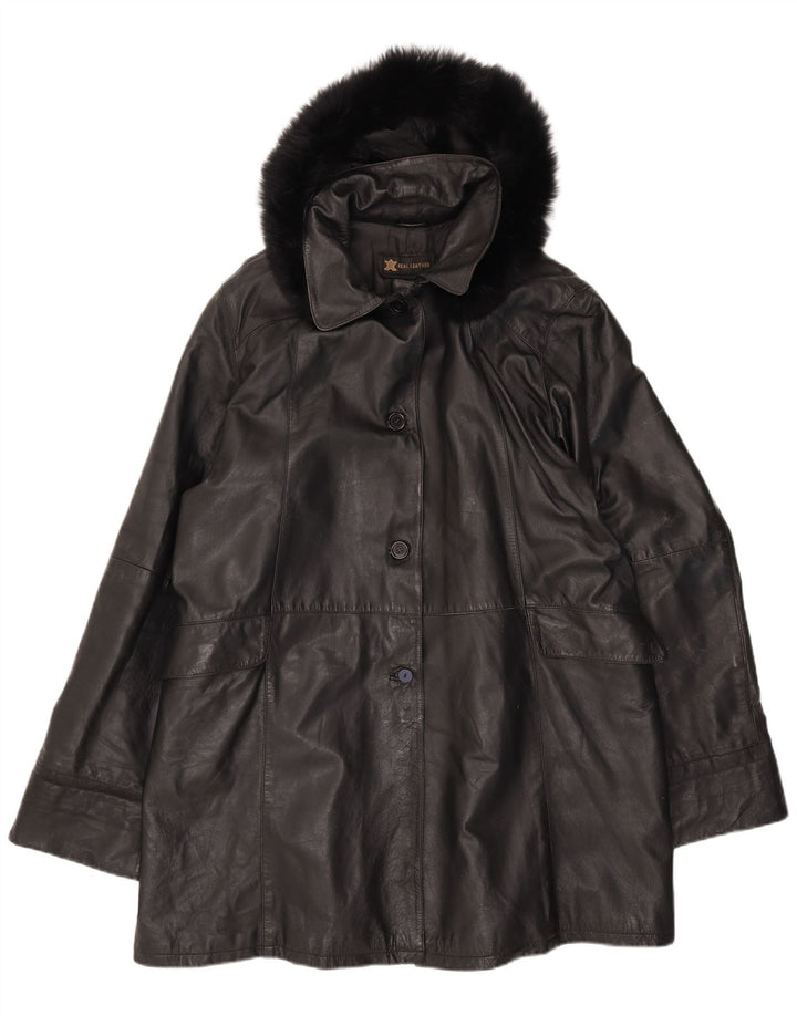 Cappotto in pelle con cappuccio da donna vintage IT 54 3XL Pelle nera