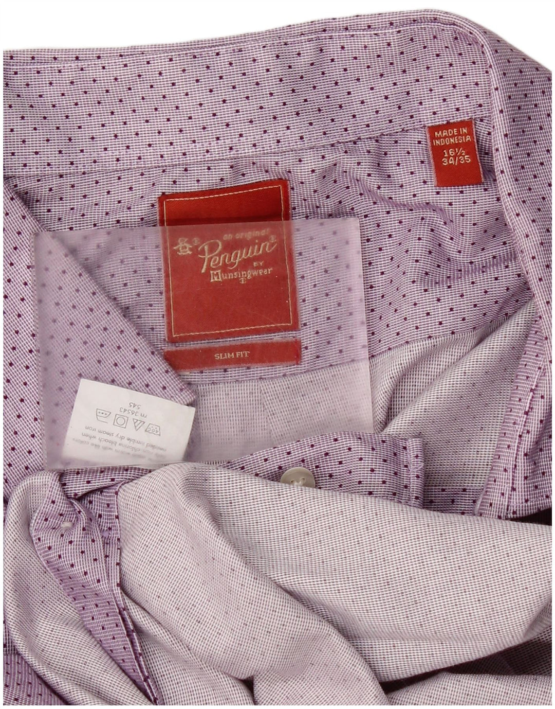 Camicia slim fit da uomo Penguin taglia 16 1/2 grande cotone maculato viola