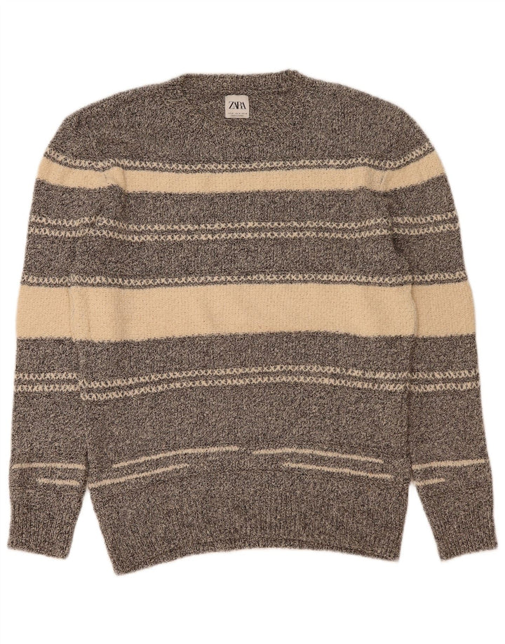 Maglione maglione girocollo da uomo Zara in cotone a righe grigio medio