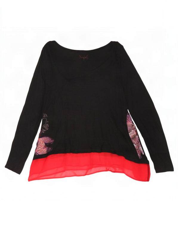Desigual Donna Tunica asimmetrica a maniche lunghe Top UK 14 Grande Nero Floreale