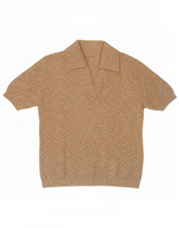 Maglione vintage da donna con collo a polo UK 10 piccolo beige screziato