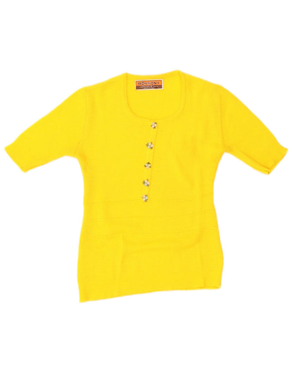 Maglione maglione vintage da donna con scollo a barca UK 12 giallo medio floreale