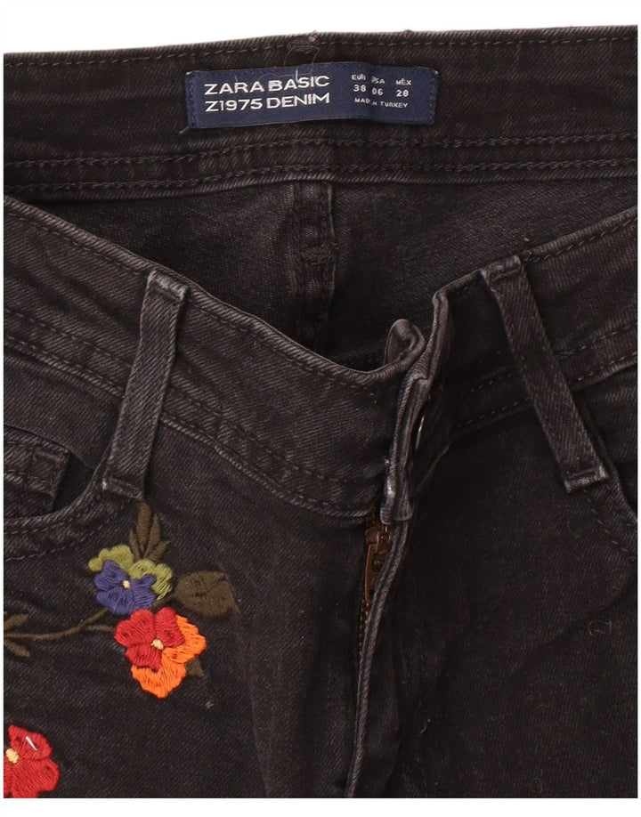 Pantaloncini di jeans grafici da donna Zara EU 38 piccoli W28 neri floreali bohémien