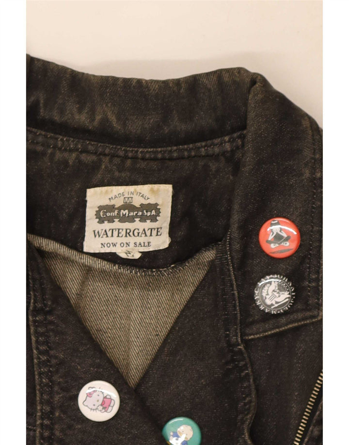 Giacca da motociclista in denim corto oversize da donna vintage UK 14 cotone nero medio